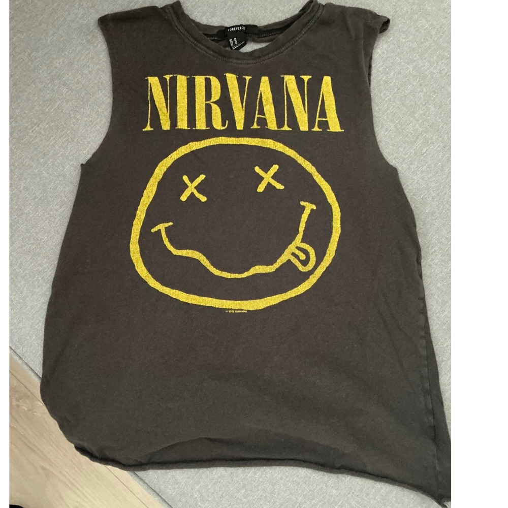 Forever 21 Nirvana Muscle Tank Top Grey Shredded Back Smiley Face Graphic Medium